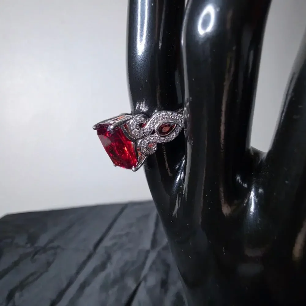 Emerald Cut Sim Garnett Cocktail Ring Rhodium over Sterling Silver Size 9